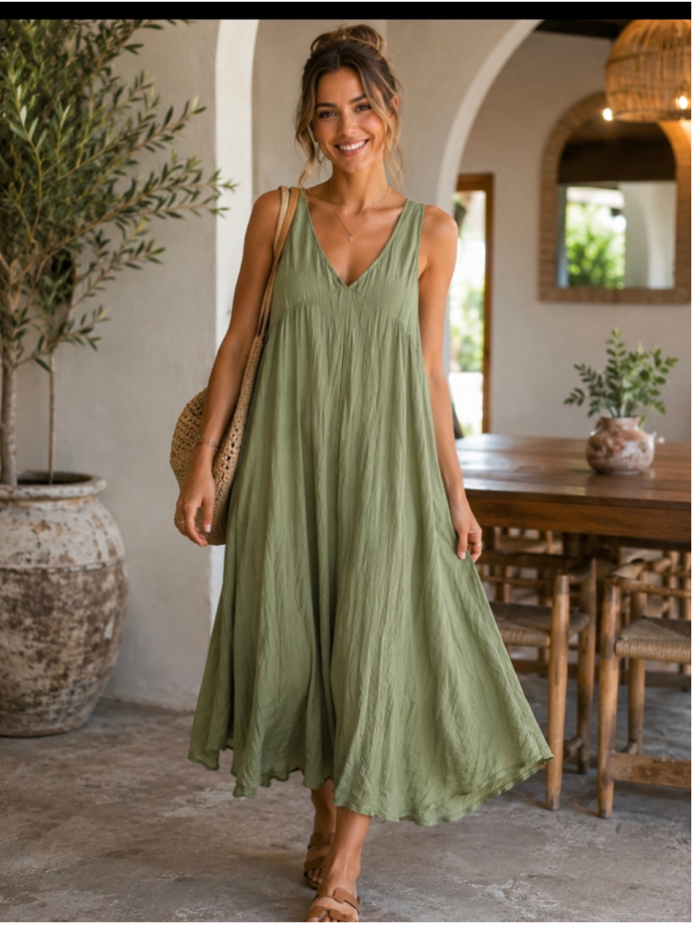 Women's Soft Surroundings Green Crinkle V-Neck Midi Dress MP